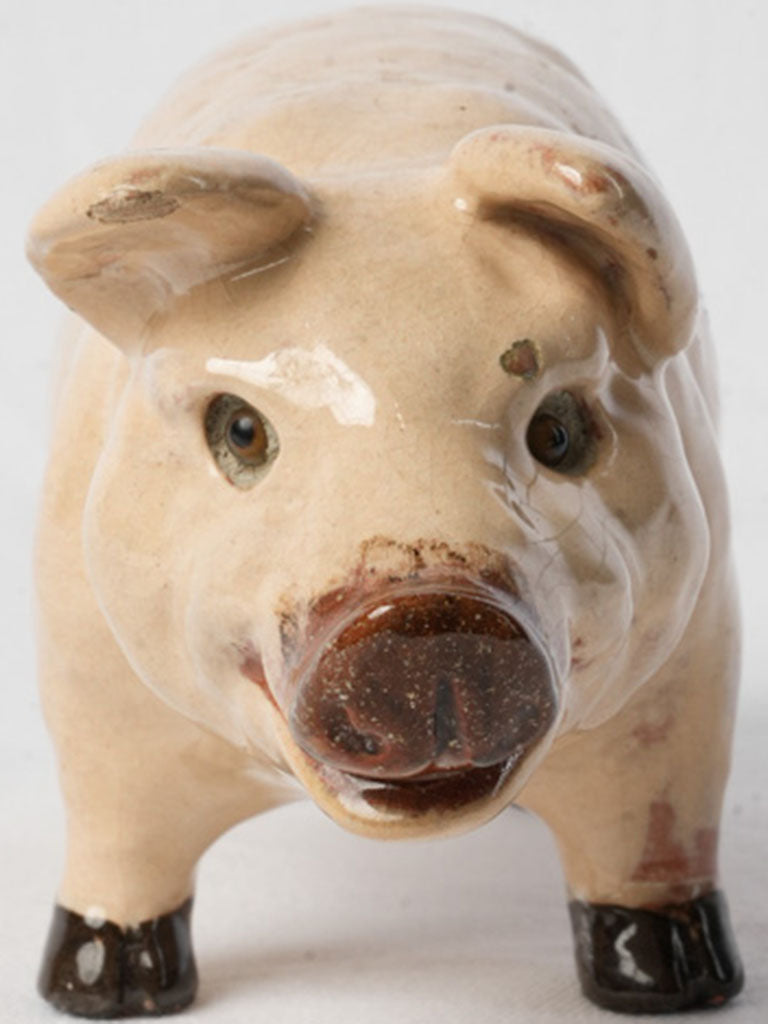 Expressive Vintage Glazed Ceramic Pig with Glass Eyes - 10¼"
