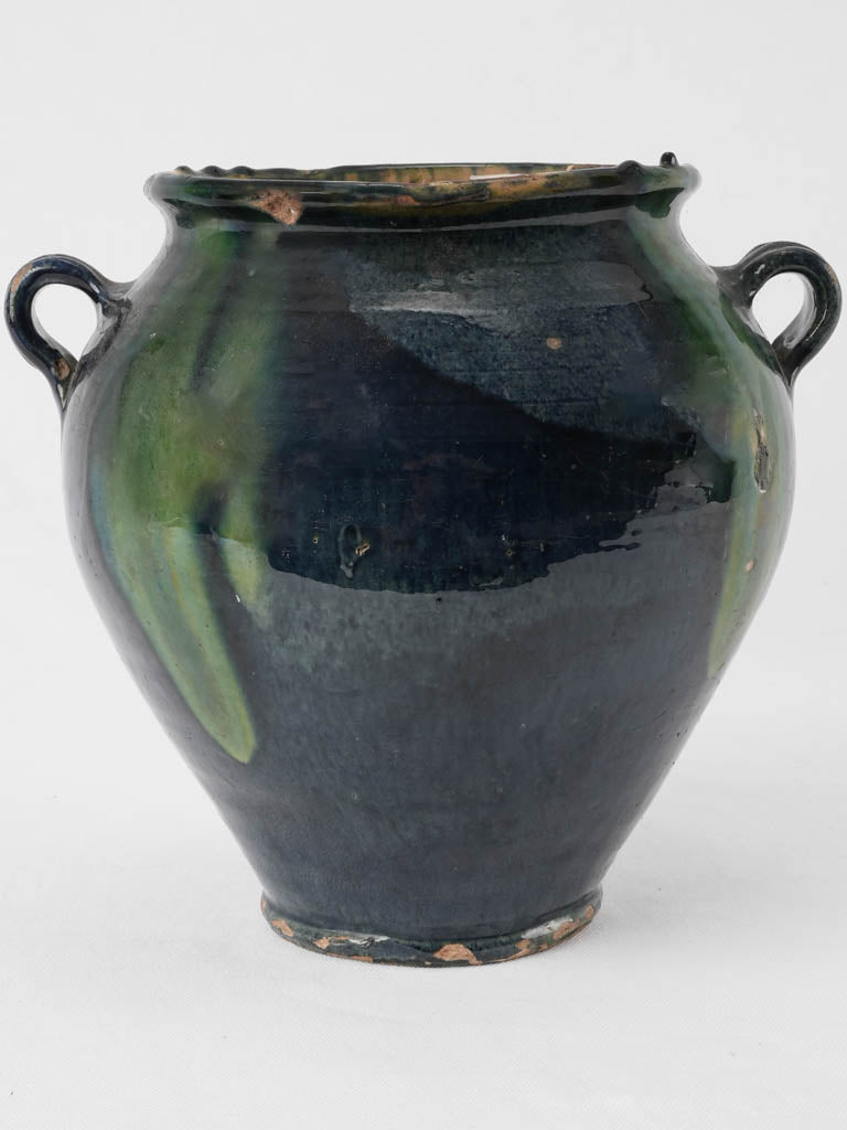 Rare antique French confit pot w/ blue glaze 9¾"