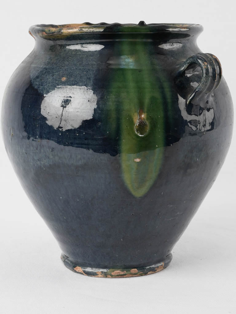 Rare antique French confit pot w/ blue glaze 9¾"