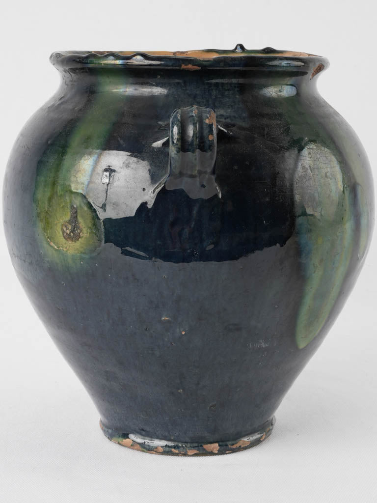 Rare antique French confit pot w/ blue glaze 9¾"