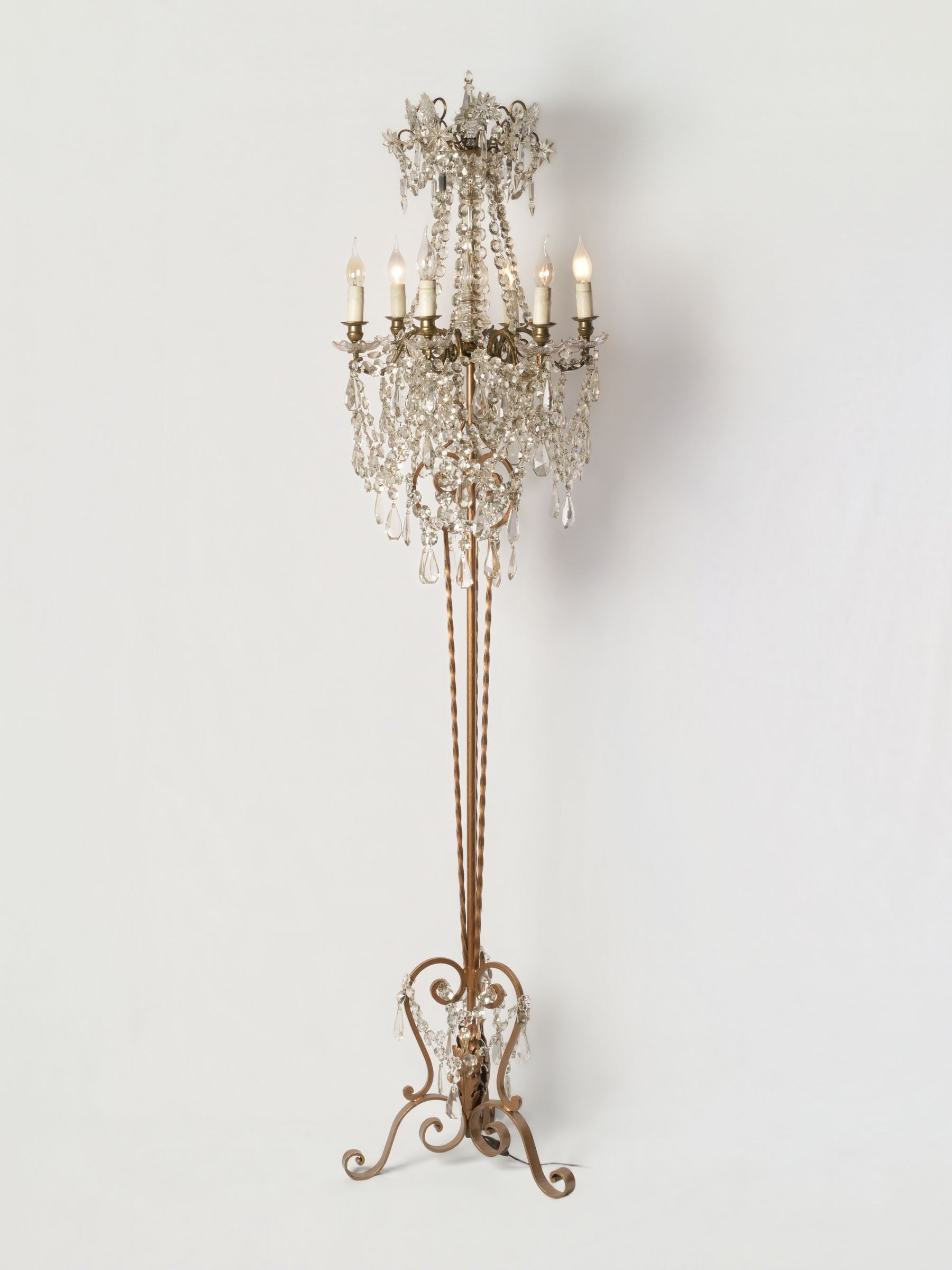 Decorative Marriage of a Gilt Wrought Iron Floor Lamp and Glass Chandelier, Mid-20th Century - 80"