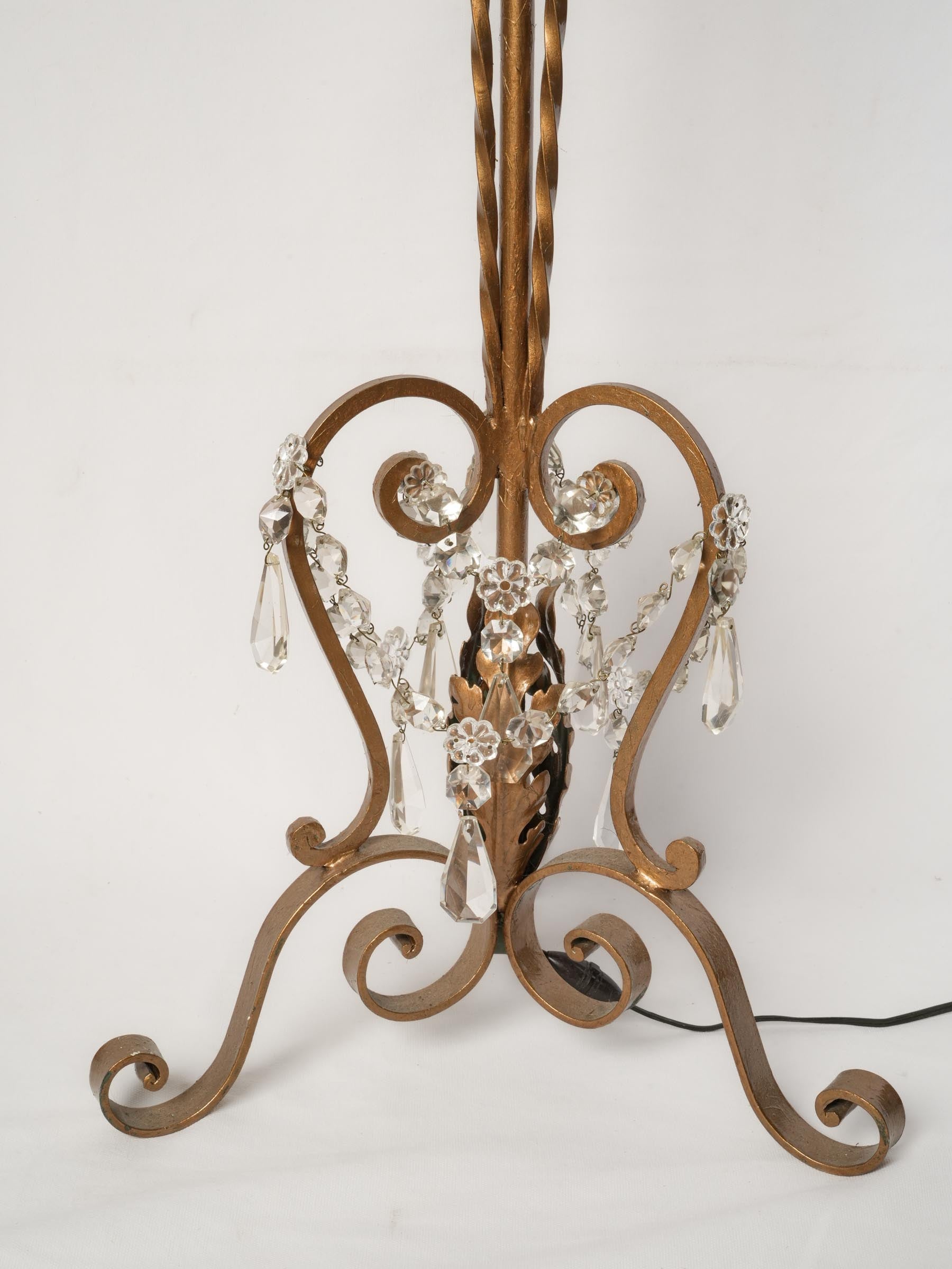 Decorative Marriage of a Gilt Wrought Iron Floor Lamp and Glass Chandelier, Mid-20th Century - 80"