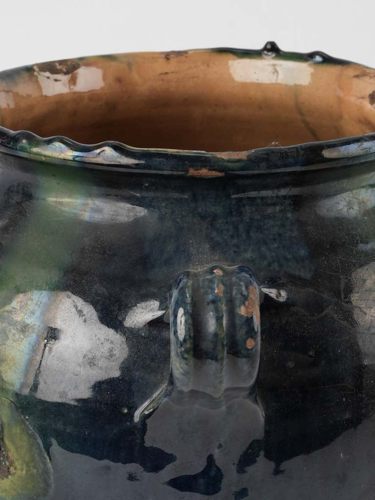 Rare antique French confit pot w/ blue glaze 9¾"