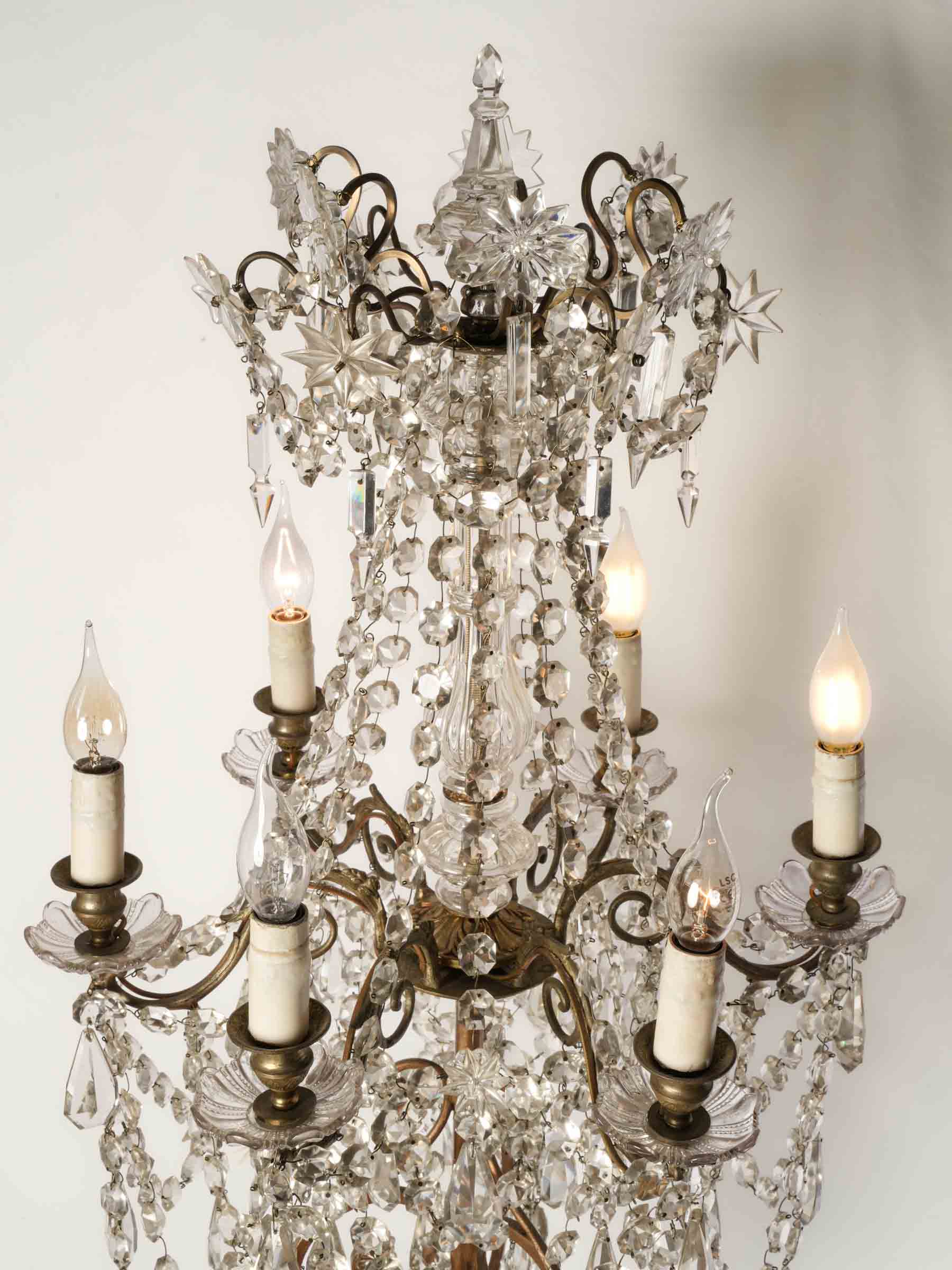 Decorative Marriage of a Gilt Wrought Iron Floor Lamp and Glass Chandelier, Mid-20th Century - 80"