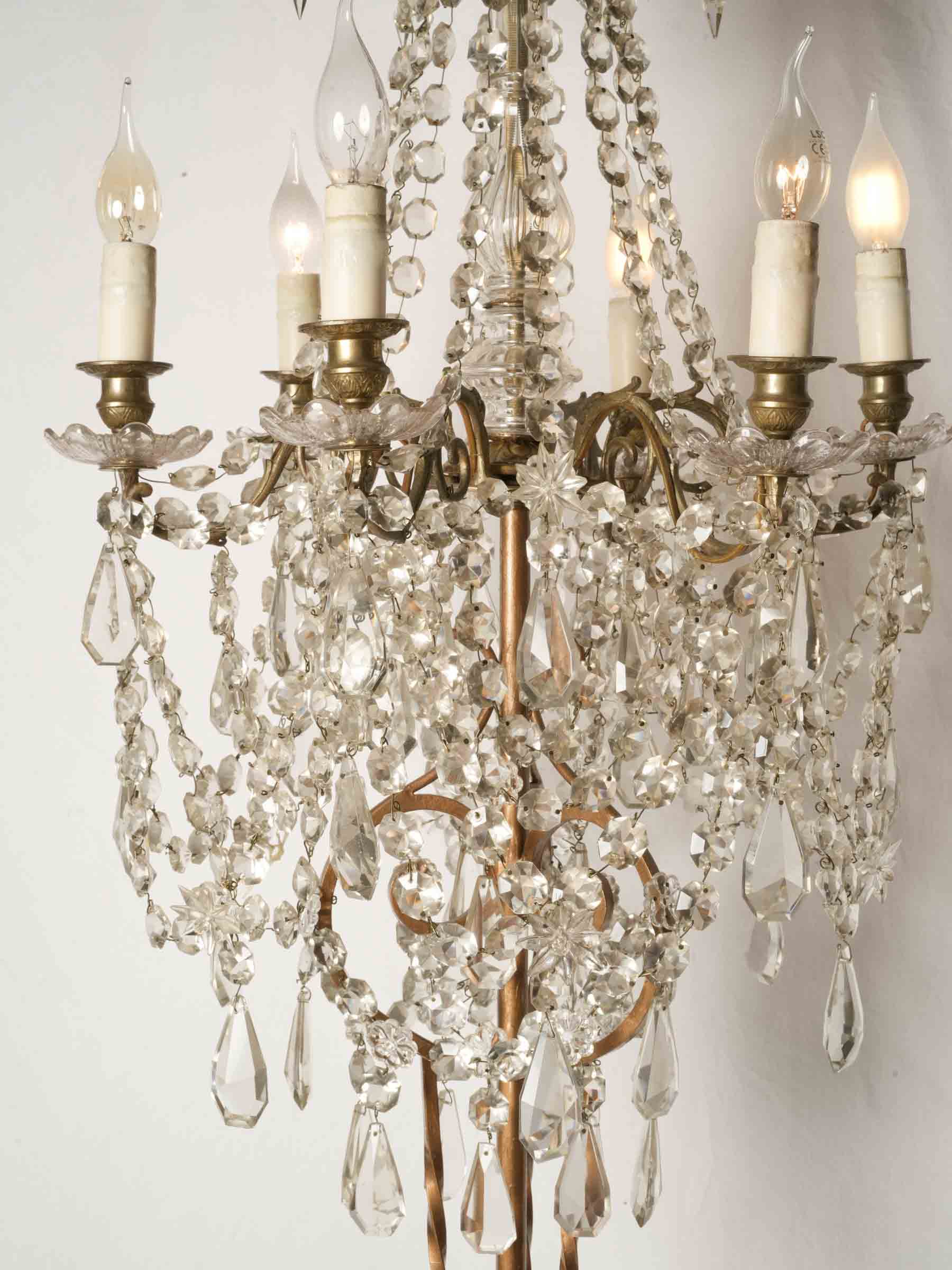 Decorative Marriage of a Gilt Wrought Iron Floor Lamp and Glass Chandelier, Mid-20th Century - 80"