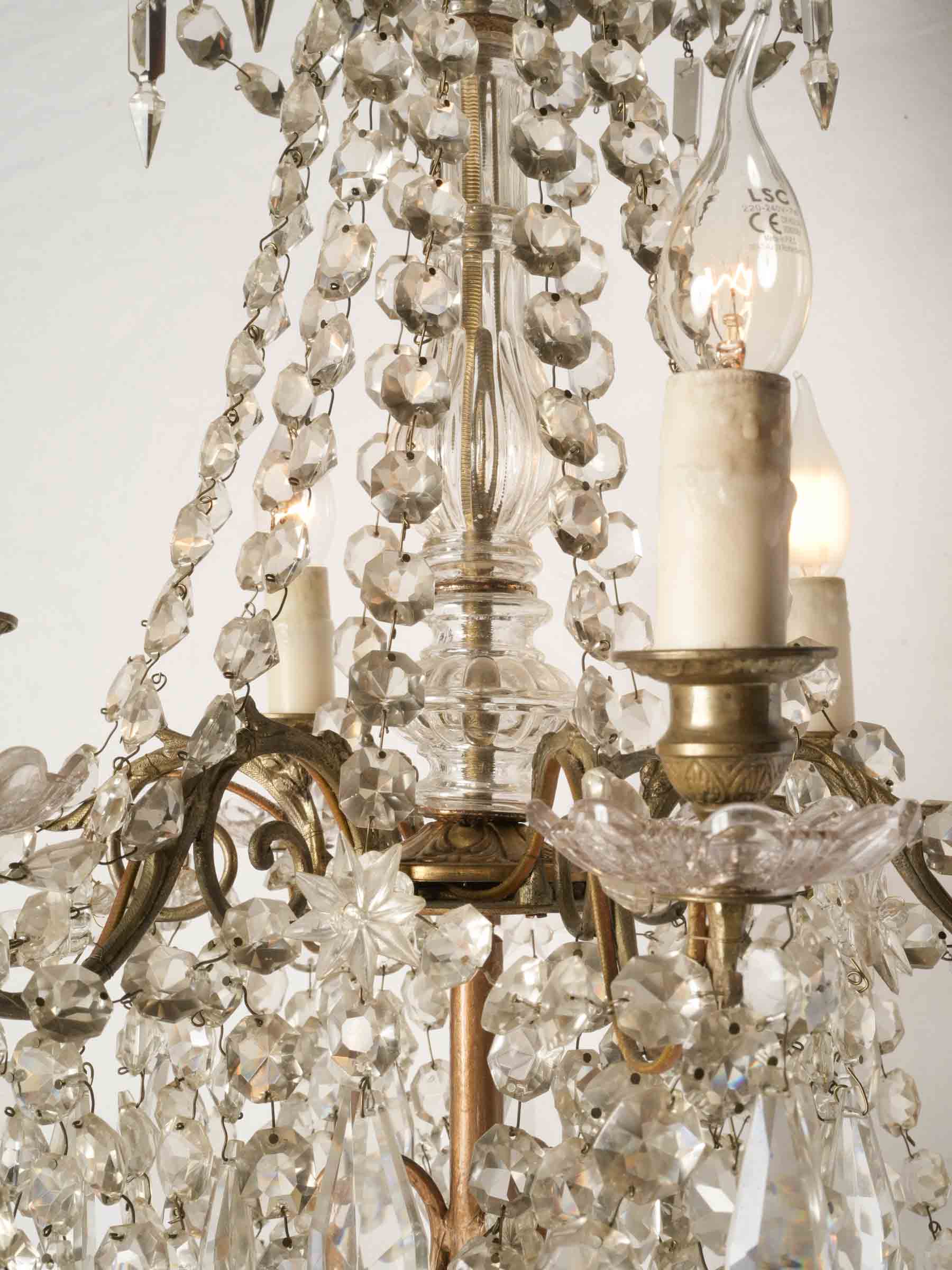 Decorative Marriage of a Gilt Wrought Iron Floor Lamp and Glass Chandelier, Mid-20th Century - 80"