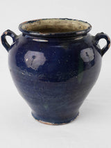 Rare antique French confit pot w/ blue glaze & green 9¾"