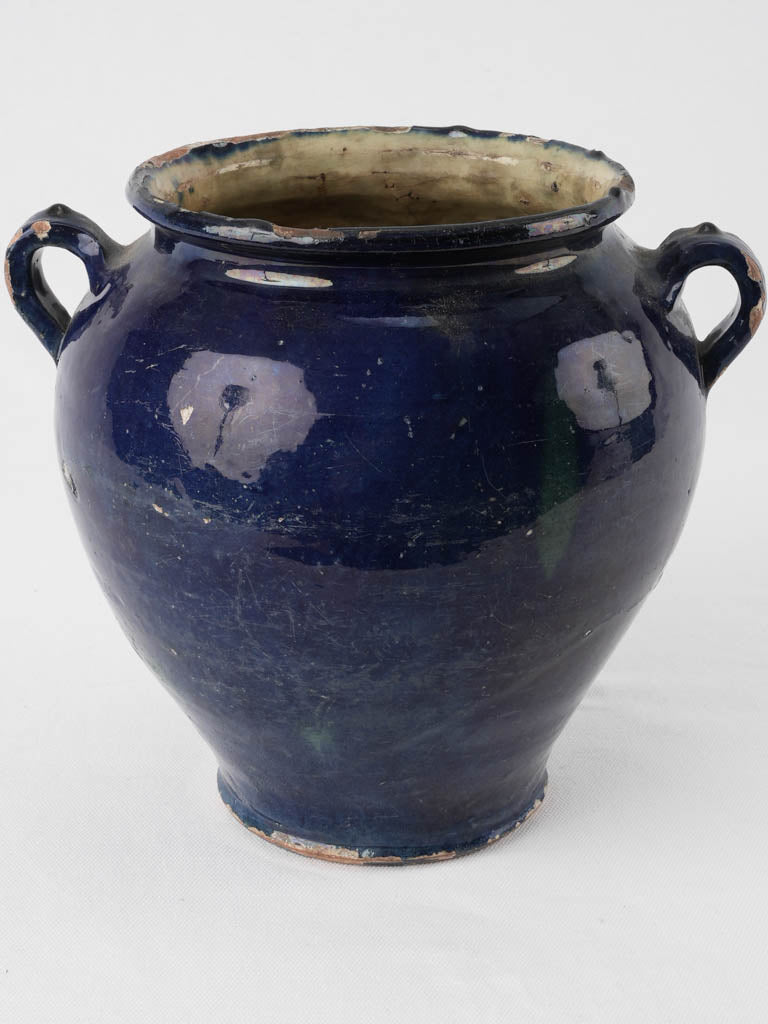 Rare antique French confit pot w/ blue glaze & green 9¾"