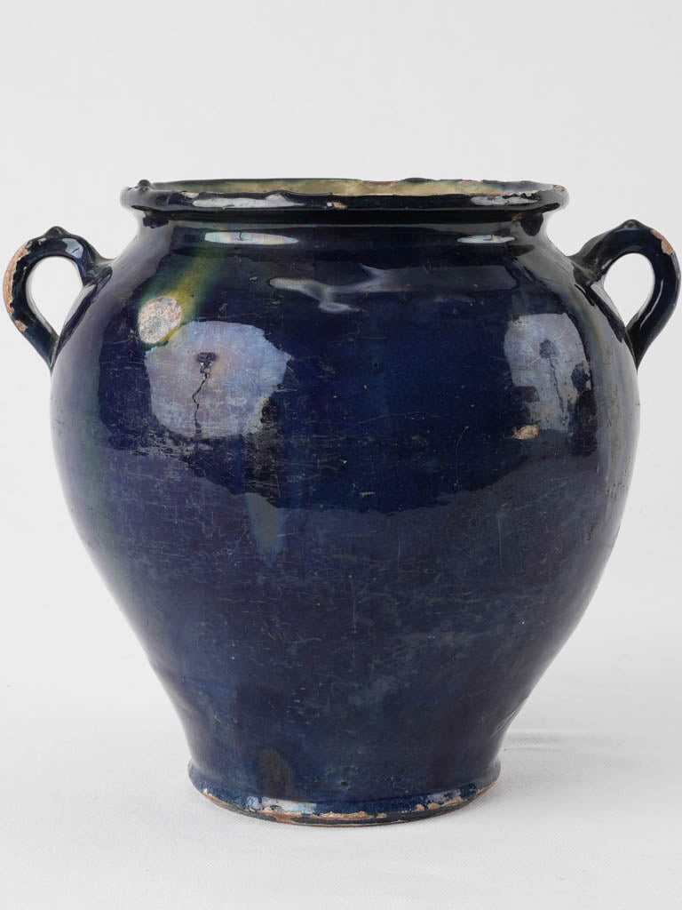 Rare antique French confit pot w/ blue glaze & green 9¾"