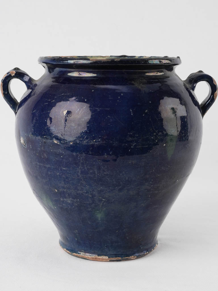 Rare antique French confit pot w/ blue glaze & green 9¾"
