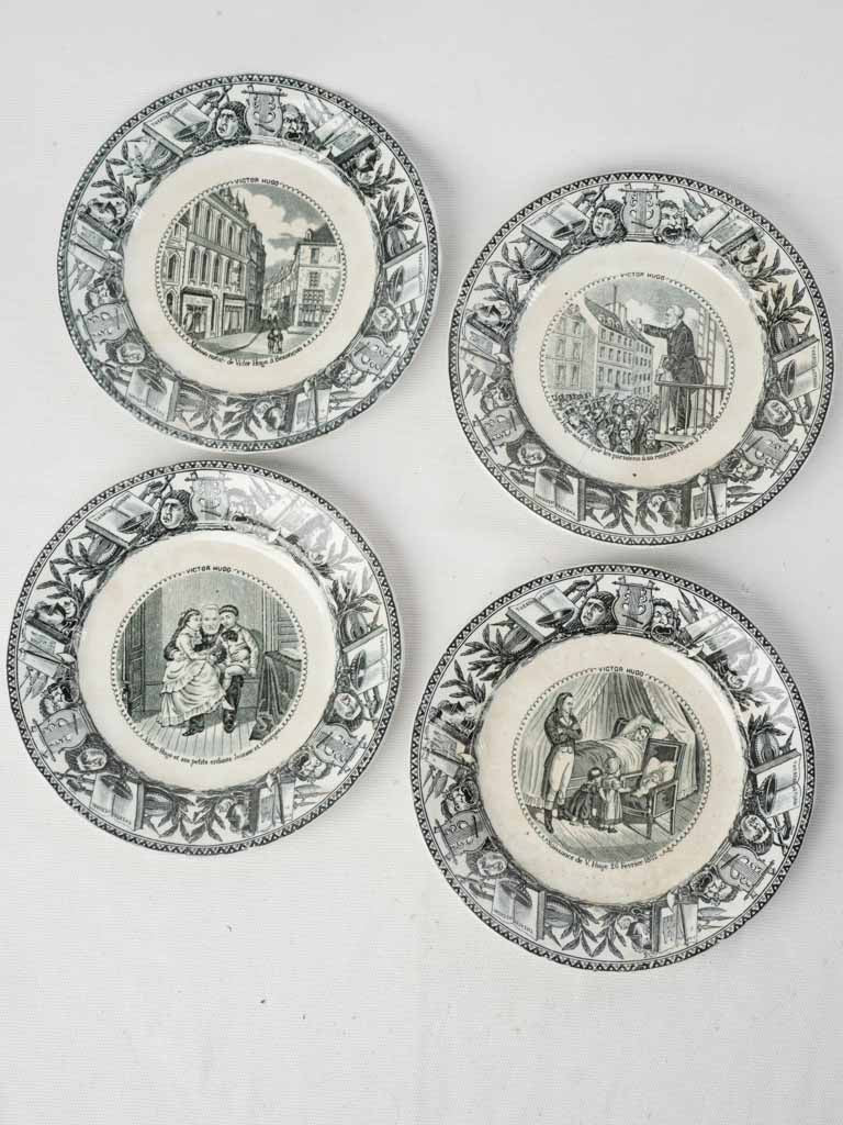Set of Four Late 19th-Century “Assiettes Parlantes” Dessert Plates w/ Scenes from the Life of Victor Hugo - 8"