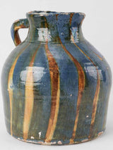 Large antique French pitcher w/ blue glaze & ocher stripes 11½"
