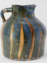 Large antique French pitcher w/ blue glaze & ocher stripes 11½"