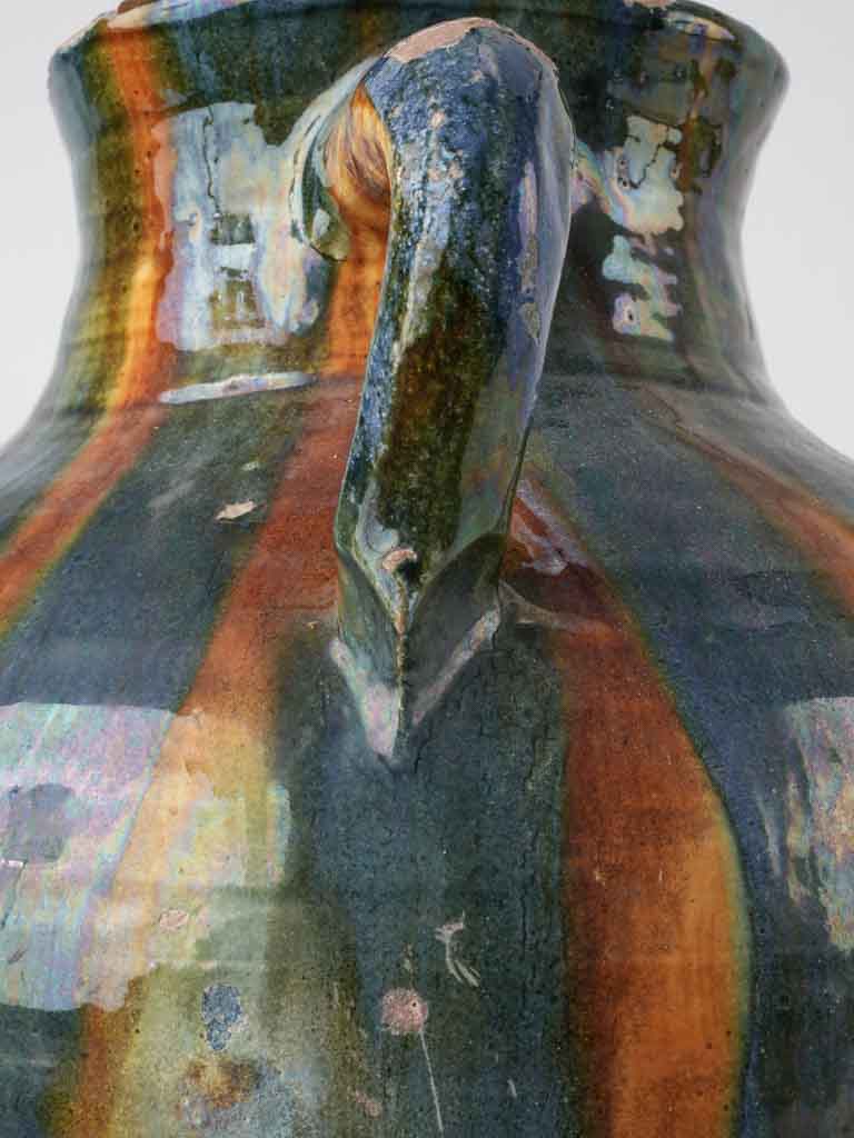 Large antique French pitcher w/ blue glaze & ocher stripes 11½"