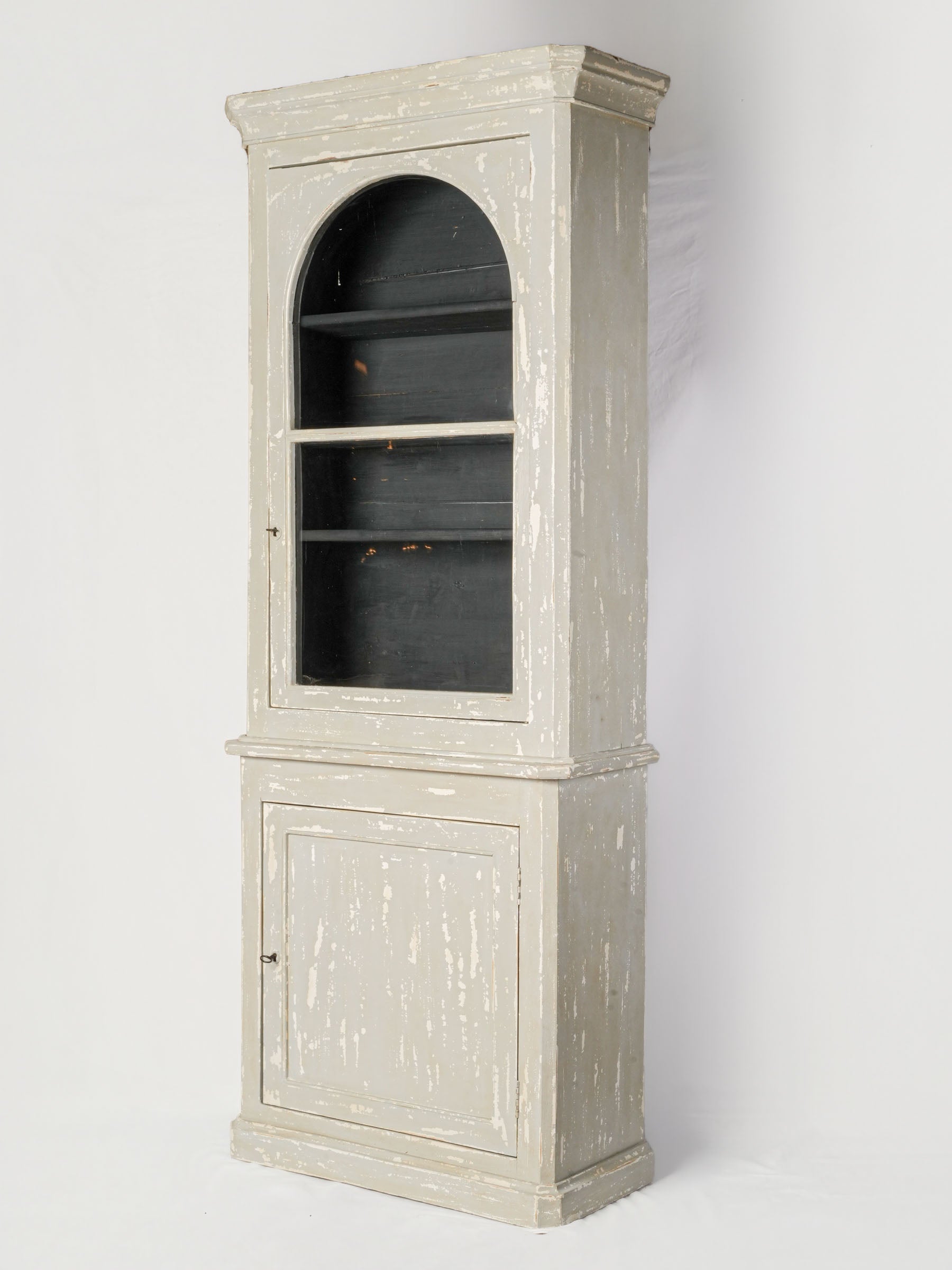 French Narrow Painted Two-Part Display Cabinet w/ Arched Glazed Door, Circa 1900 - 85"