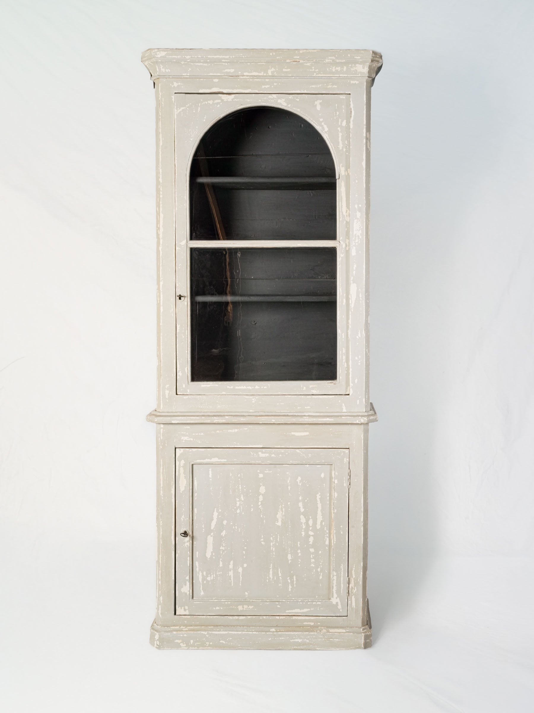 French Narrow Painted Two-Part Display Cabinet w/ Arched Glazed Door, Circa 1900 - 85"