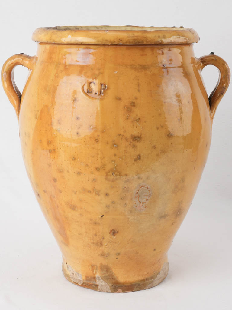 Huge yellow ocher confit pot w/ SP monogram 16¼"