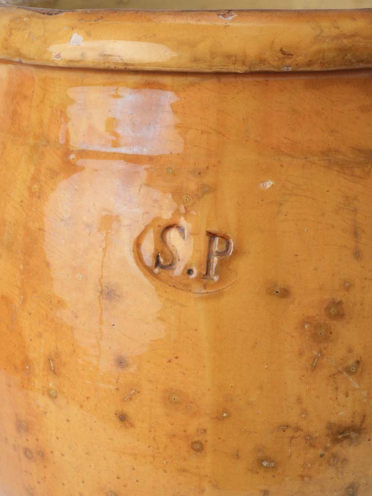Huge yellow ocher confit pot w/ SP monogram 16¼"