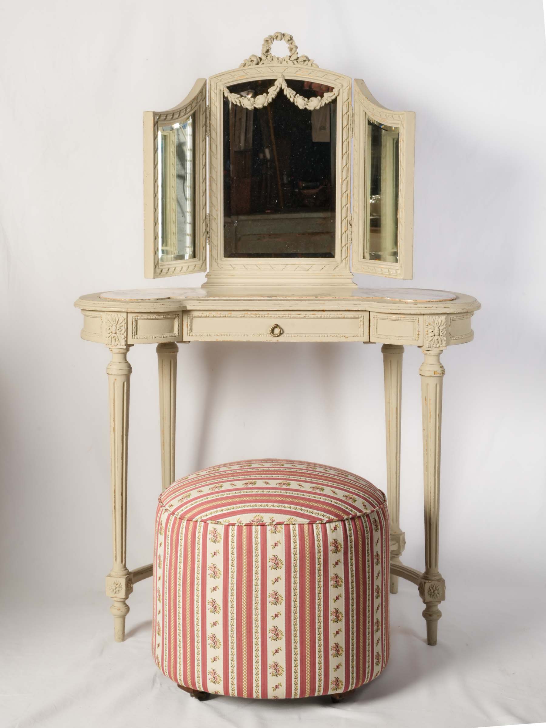 French Louis XVI Style Vanity w/ Marble Top and Folding Mirror, Early 20th Century - 55"x  36½"