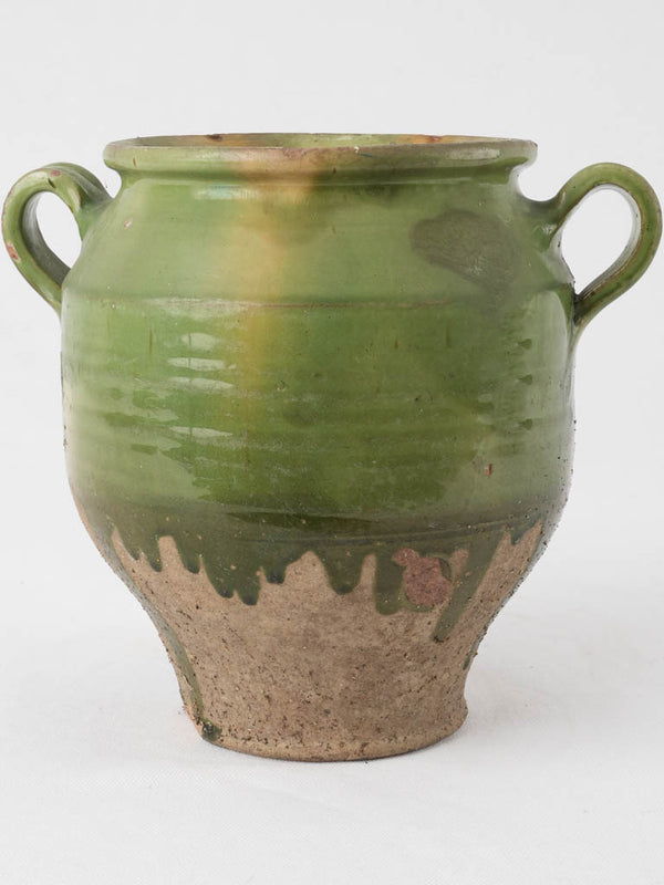 Antique French confit pot w/ green glaze & yellow splash 9"