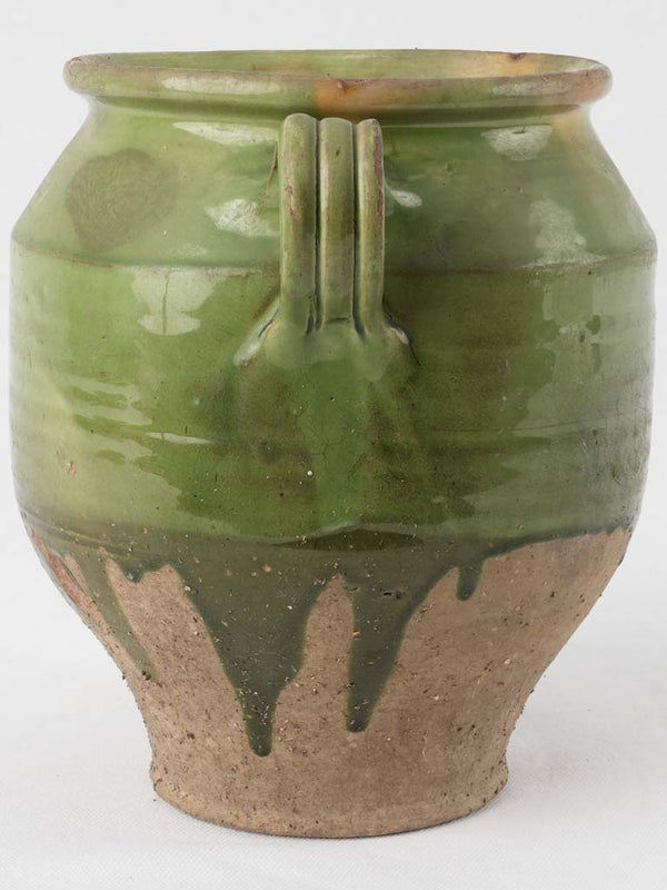 Antique French confit pot w/ green glaze & yellow splash 9"