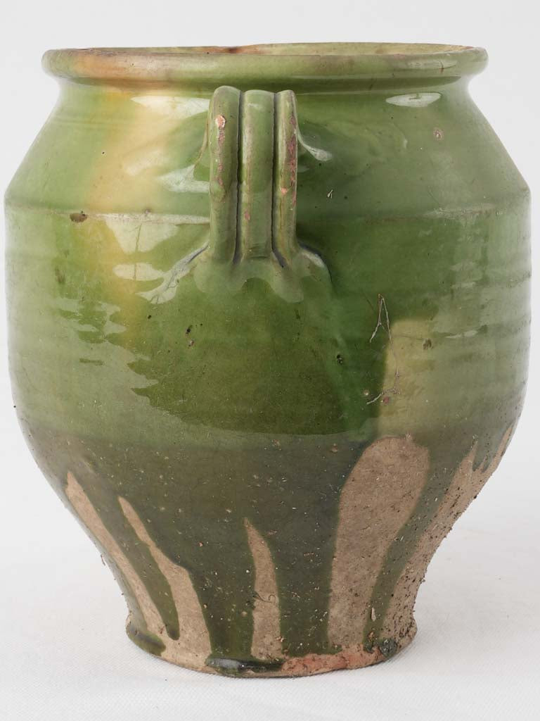 Antique French confit pot w/ green glaze & yellow splash 9"