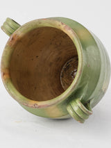 Antique French confit pot w/ green glaze & yellow splash 9"