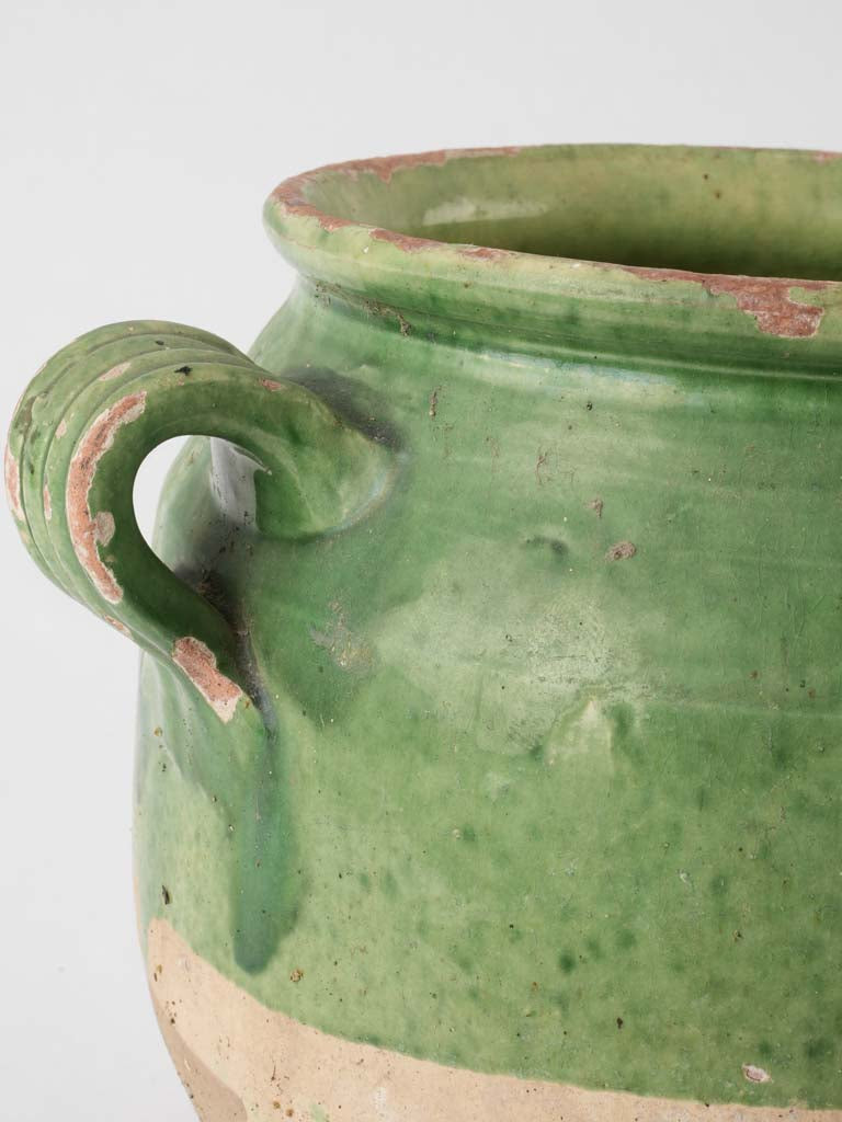Large green French confit pot - w/ underglaze stripe 10¼"