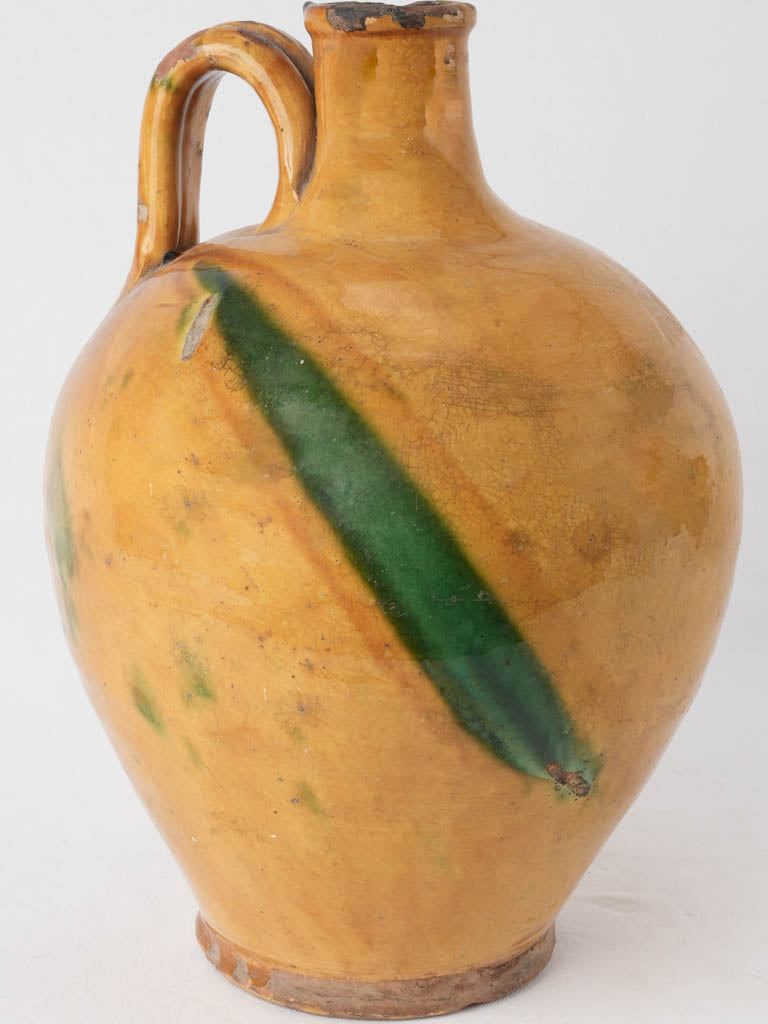 Large antique French pitcher w/ yellow glaze & diagonal green splash 15¾"