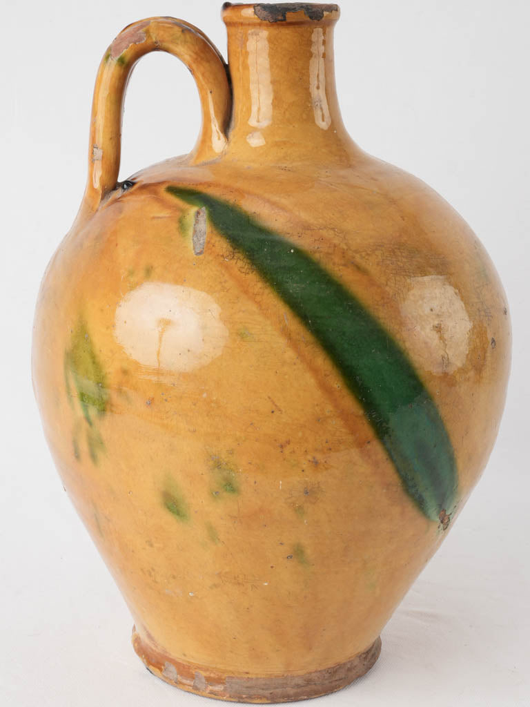 Large antique French pitcher w/ yellow glaze & diagonal green splash 15¾"