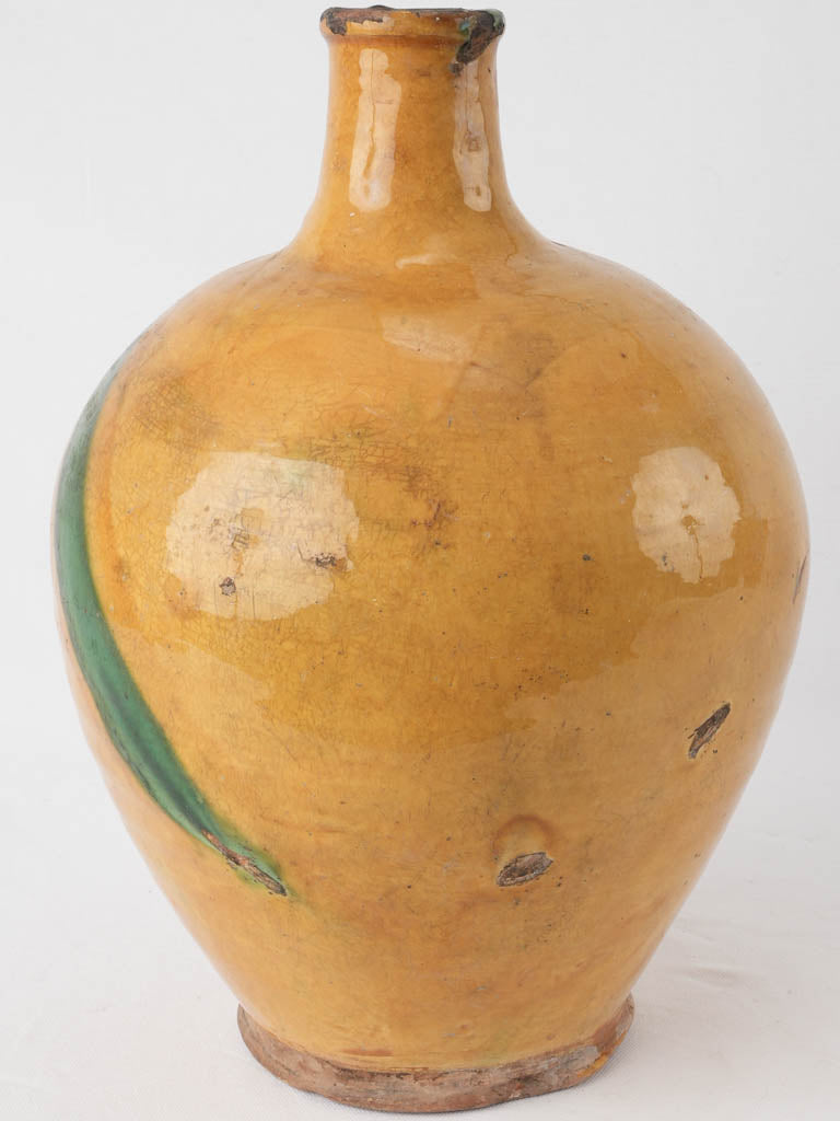 Large antique French pitcher w/ yellow glaze & diagonal green splash 15¾"