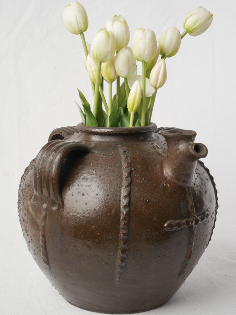 19th Century Walnut Oil Jar  w/ Applied Cross Motif - 11½"