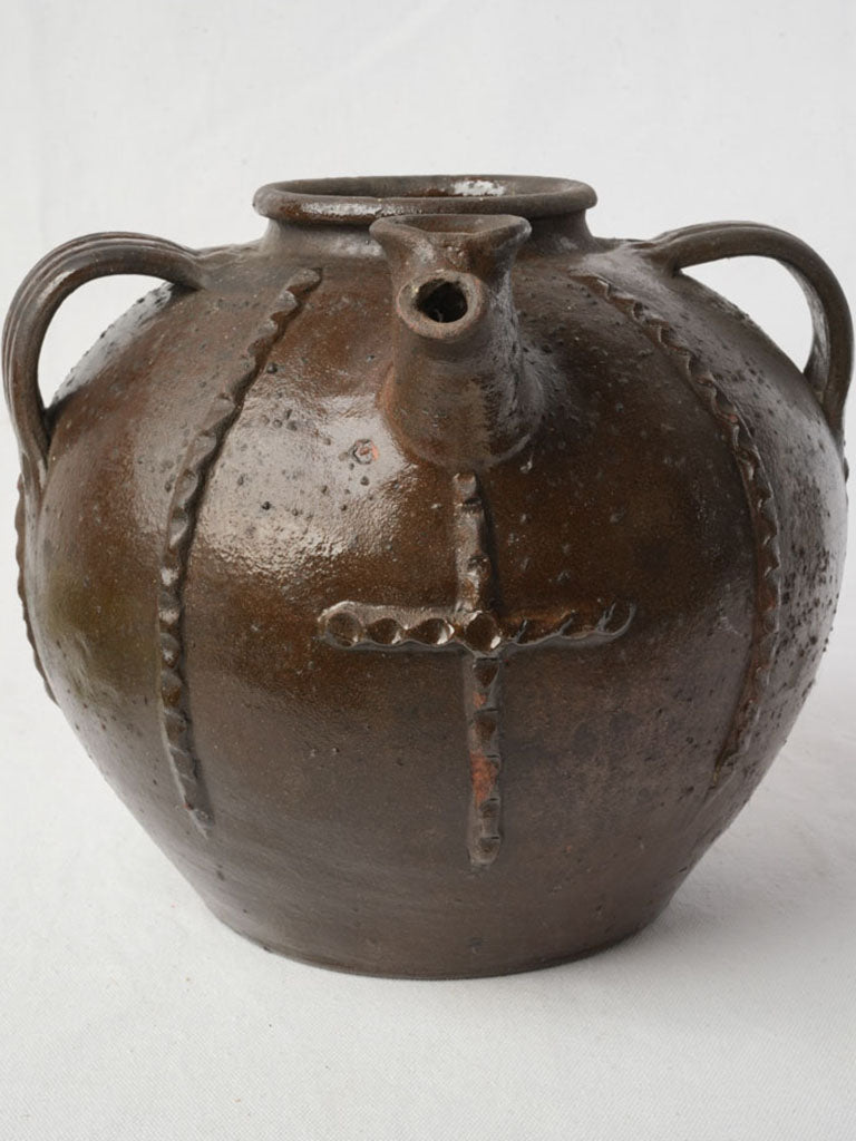 19th Century Walnut Oil Jar  w/ Applied Cross Motif - 11½"