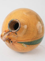 Large antique French pitcher w/ yellow glaze & diagonal green splash 15¾"