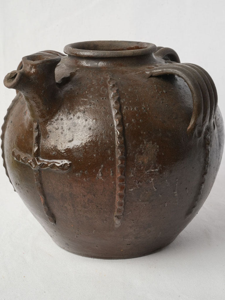 19th Century Walnut Oil Jar  w/ Applied Cross Motif - 11½"