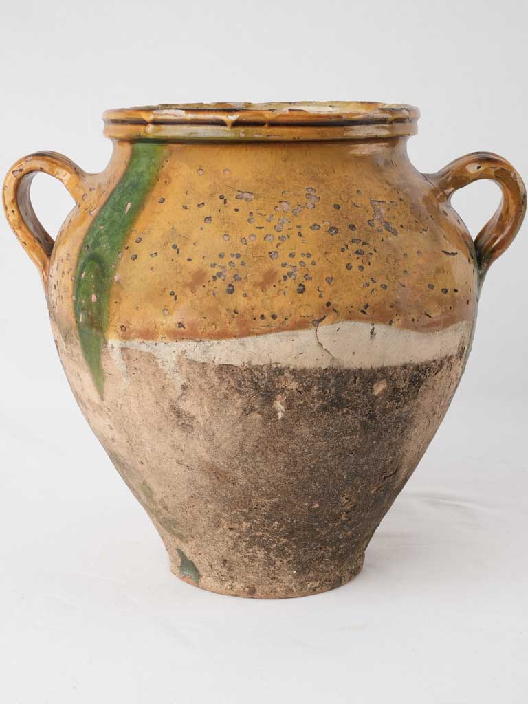 Fatigued antique French confit pot w/ yellow & green glaze 13"