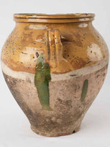 Fatigued antique French confit pot w/ yellow & green glaze 13"