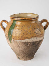 Fatigued antique French confit pot w/ yellow & green glaze 13"