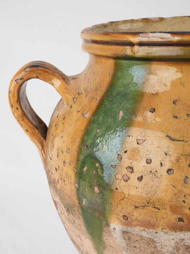 Fatigued antique French confit pot w/ yellow & green glaze 13"