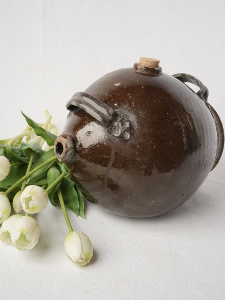 19th Century Handcrafted Terracotta Vinegar Vessel w/ Deep Chestnut Glaze - 8"