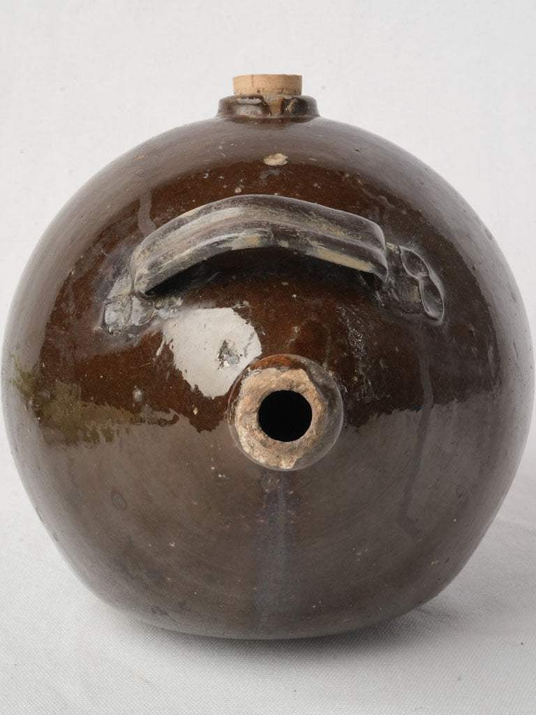 19th Century Handcrafted Terracotta Vinegar Vessel w/ Deep Chestnut Glaze - 8"