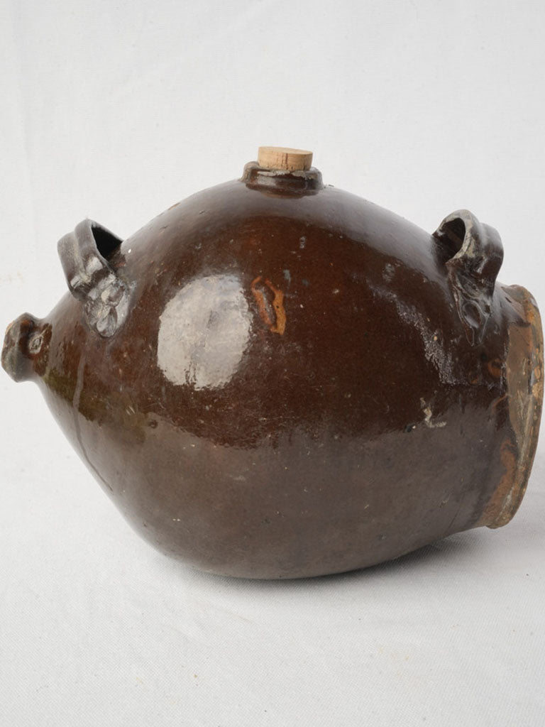 19th Century Handcrafted Terracotta Vinegar Vessel w/ Deep Chestnut Glaze - 8"
