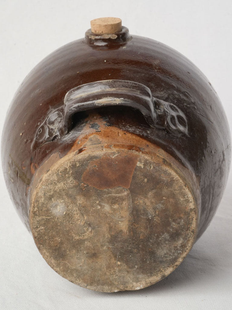 19th Century Handcrafted Terracotta Vinegar Vessel w/ Deep Chestnut Glaze - 8"