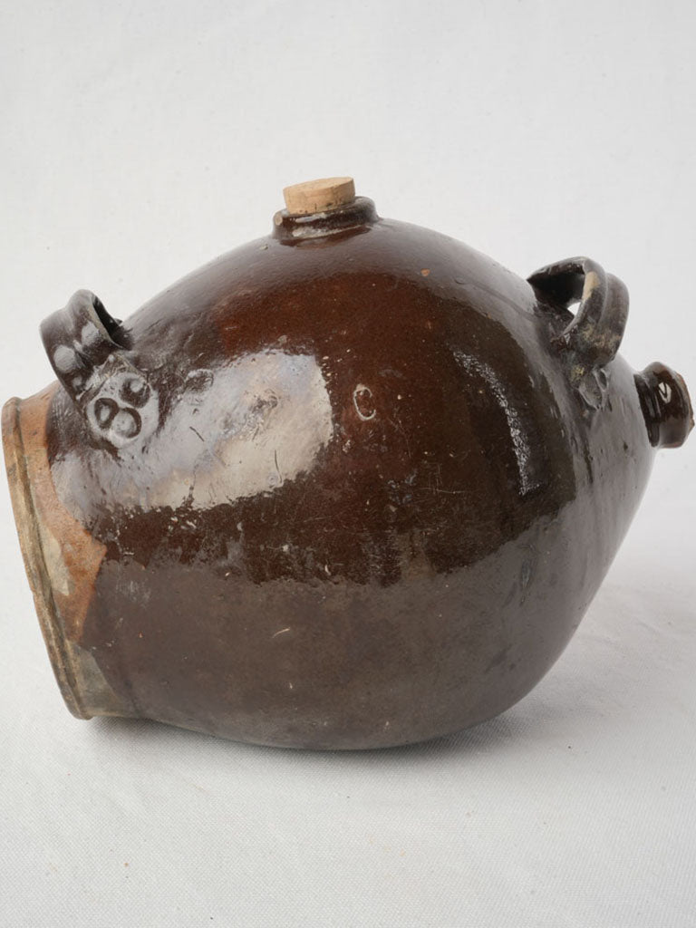 19th Century Handcrafted Terracotta Vinegar Vessel w/ Deep Chestnut Glaze - 8"