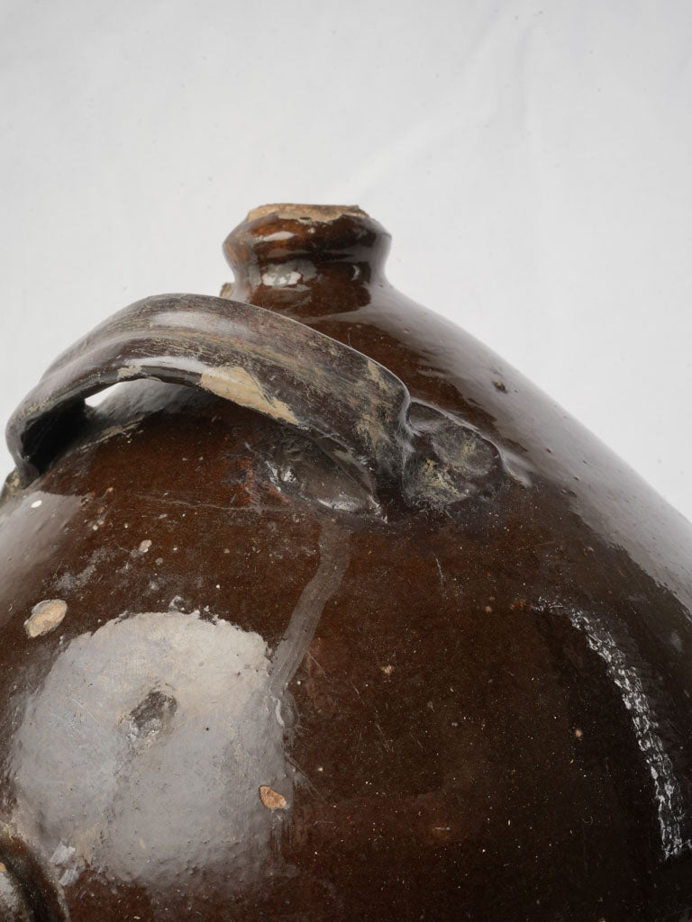 19th Century Handcrafted Terracotta Vinegar Vessel w/ Deep Chestnut Glaze - 8"