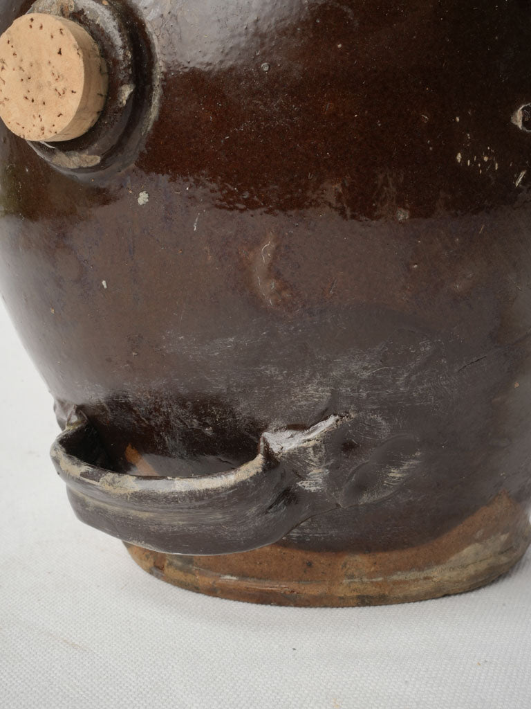 19th Century Handcrafted Terracotta Vinegar Vessel w/ Deep Chestnut Glaze - 8"