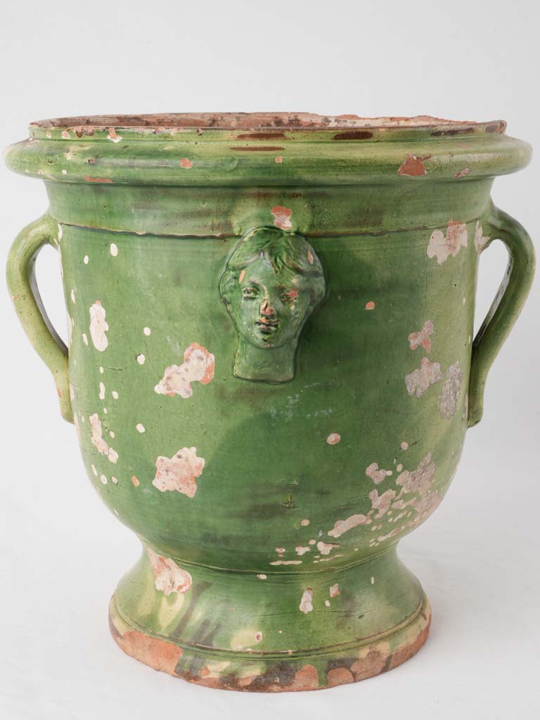 18th century Tournac citrus planter with 2 handles mask detail - green