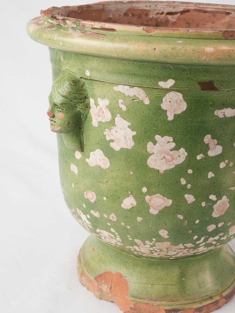 18th century Tournac citrus planter with 2 handles mask detail - green