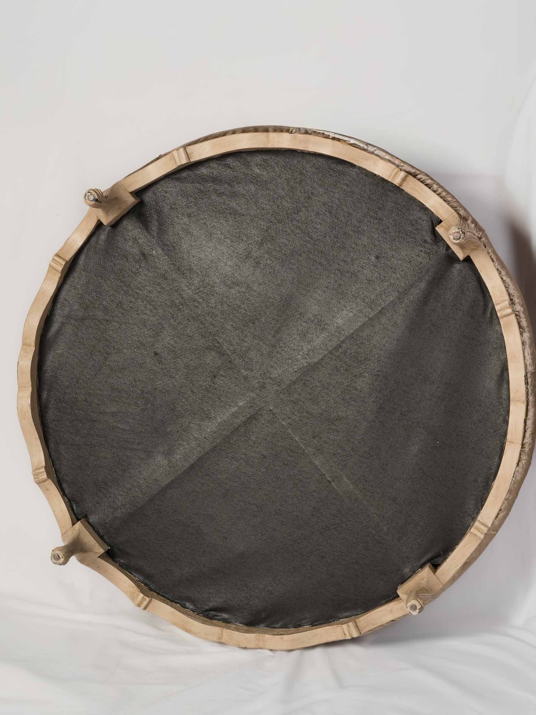 Oversized French Louis XV Style Round Ottoman w/ Tufted Taupe Velvet, Early-Mid 20th Century - 46½"