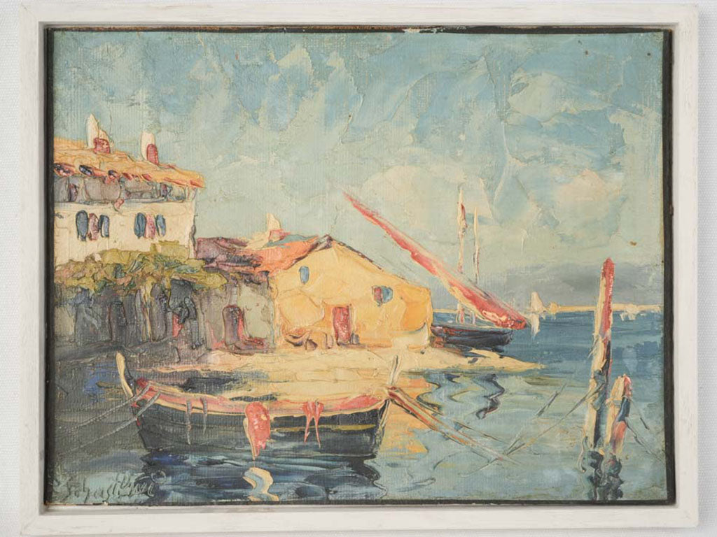 Textured Mediterranean harbor painting